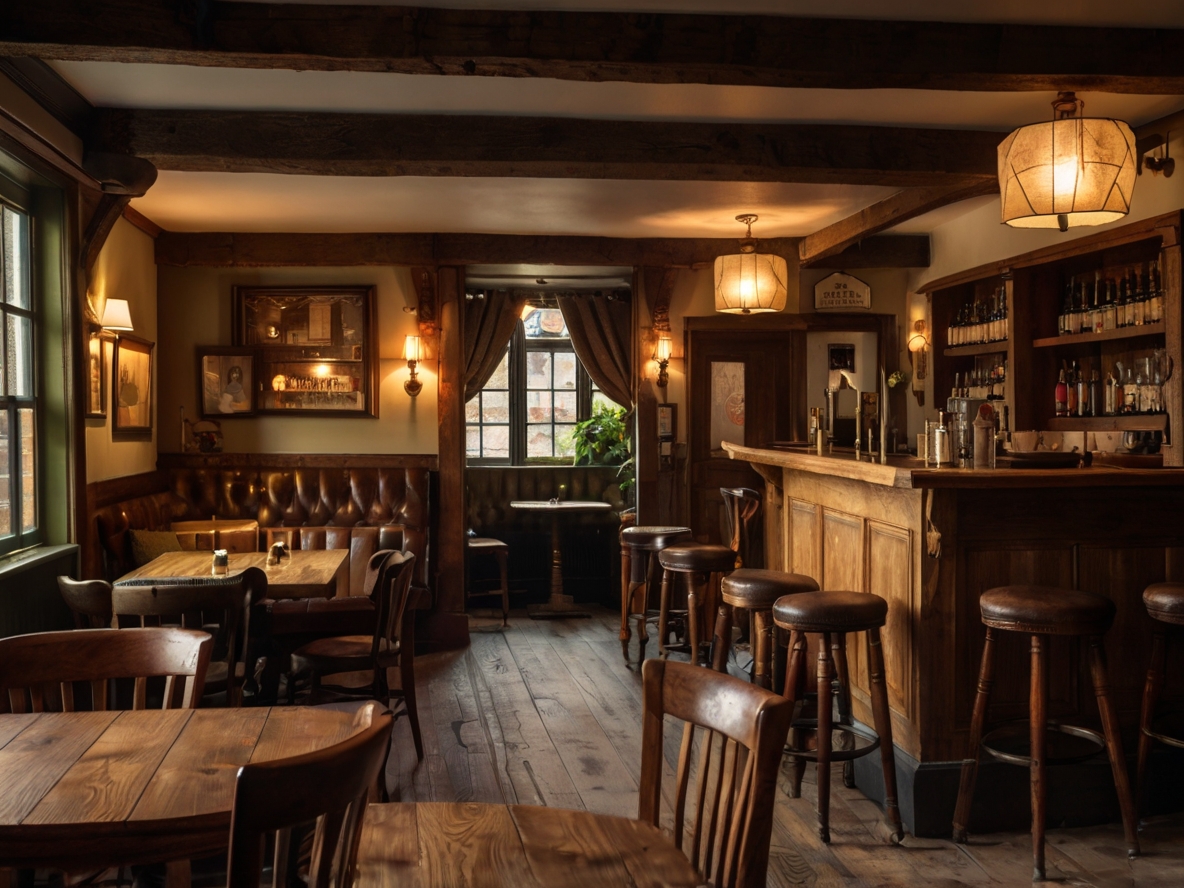 Pub interior with wooden beams